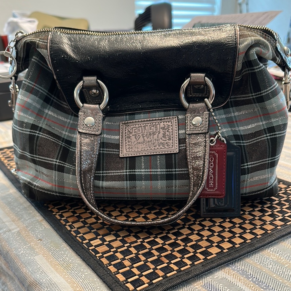 Coach Black and Gray Satchel with Plaid Design